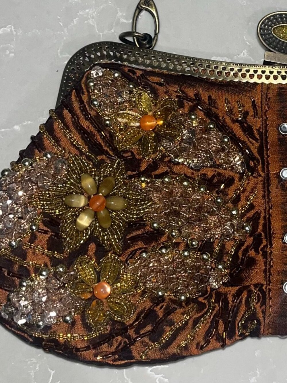 Brown Vintage Beaded Clutch Satin Interior - Picture 4 of 4